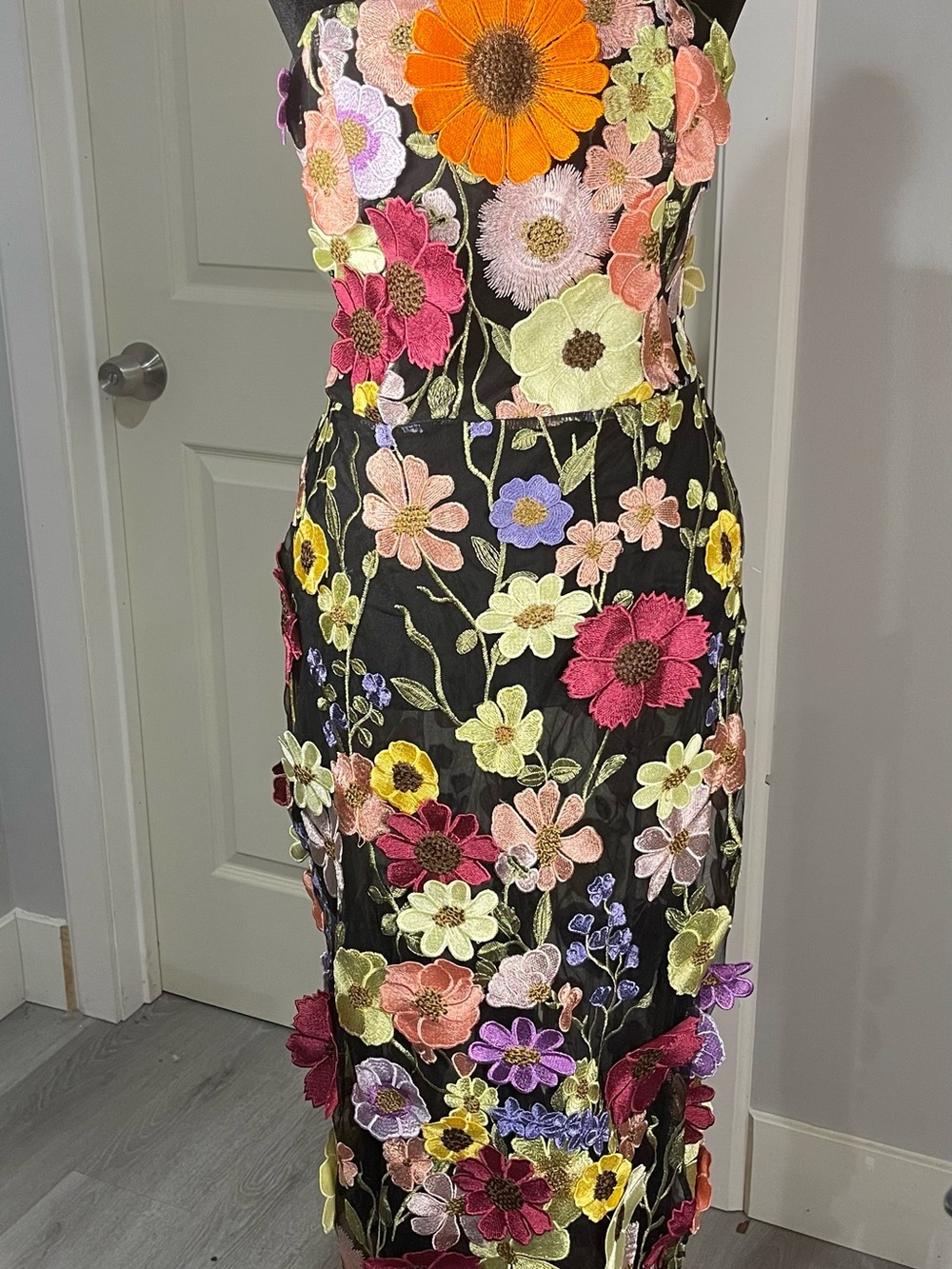 Fashion Nova Kelli Black Midi Dress with Multicolor Floral Appliqué NWT - Picture 2 of 6